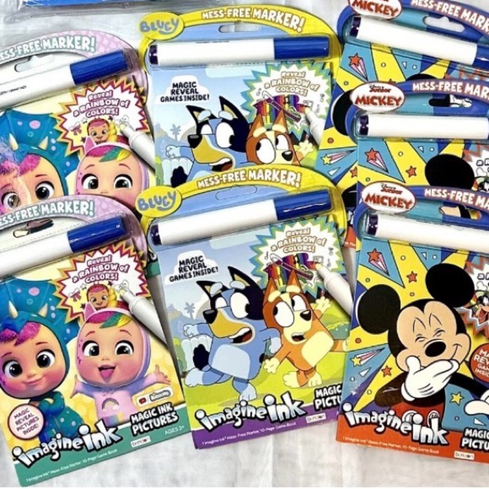 7 piece Bundle of Imagine Ink Kids Coloring Books / Bluey / Mickey / Cry Babies